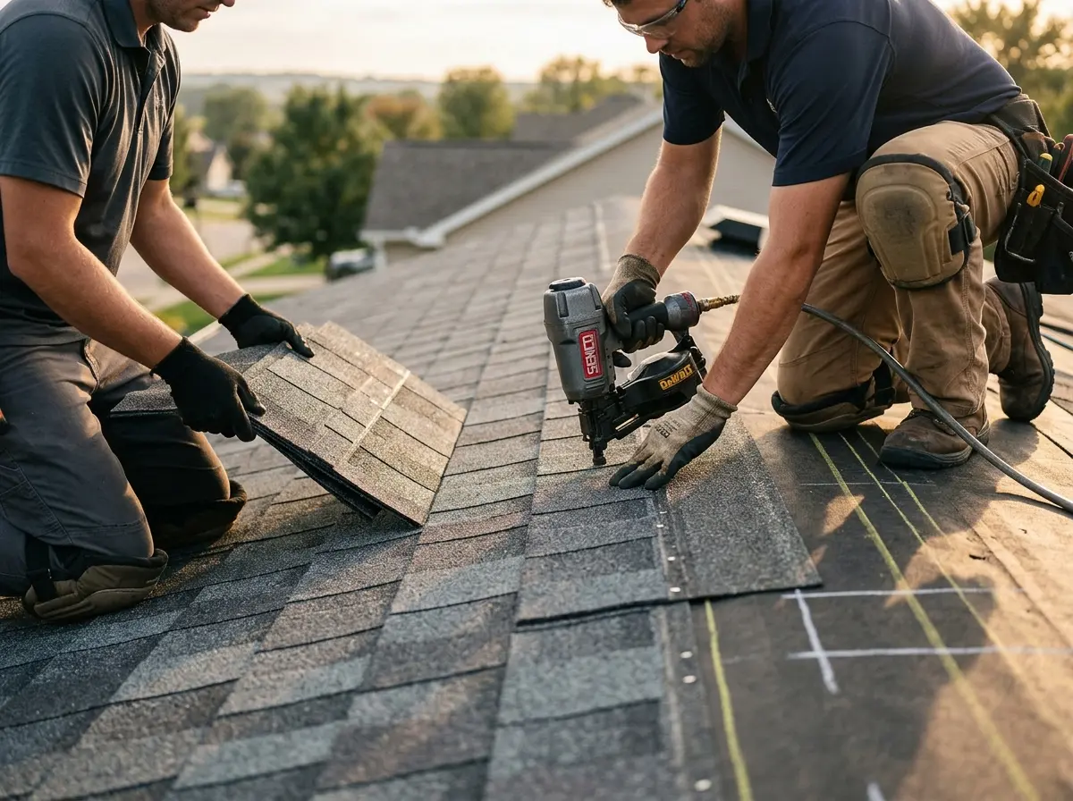 Professional roofer working on a residential roof in Minot